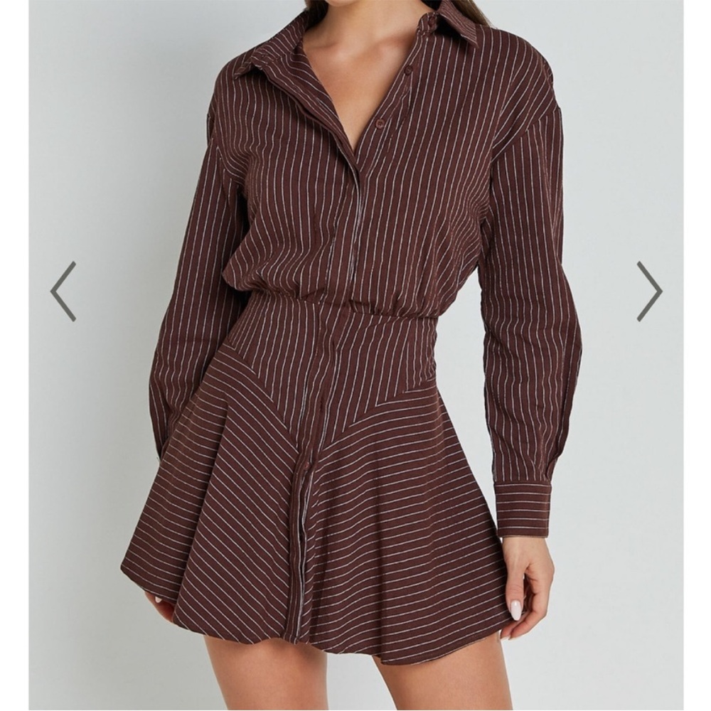 WHITNEY MINI DRESS - LINEN LOOK LONG SLEEVE SHIRT DRESS IN CHOCOLATE PINSTRIPE 2 - Picture 4 of 16